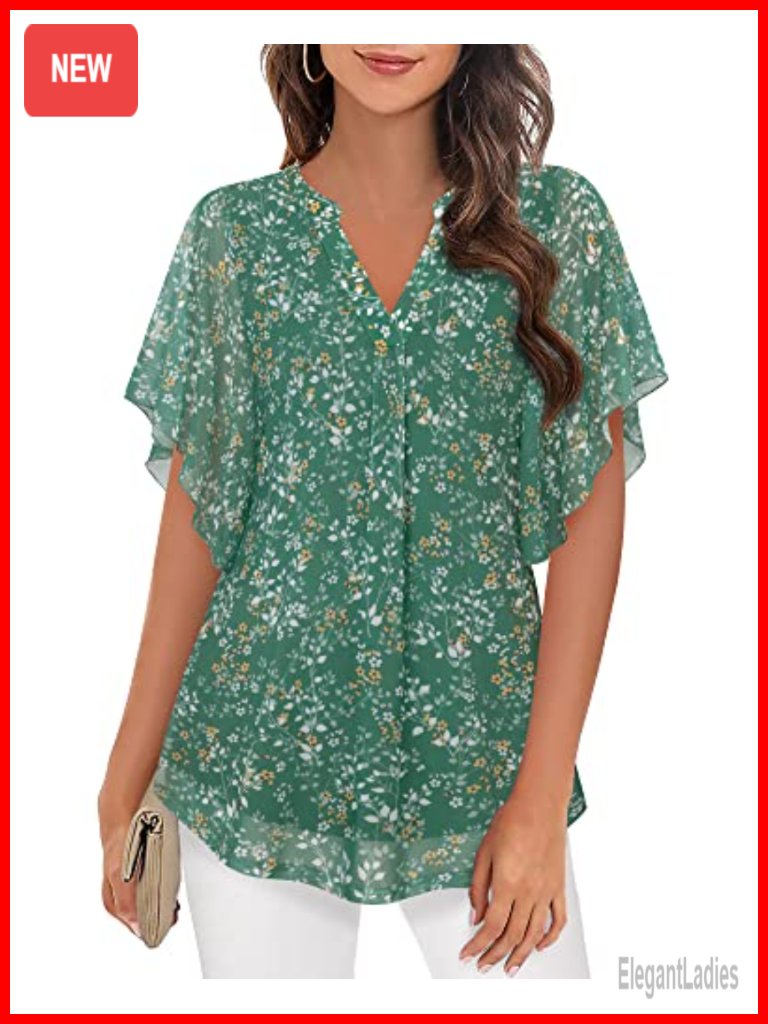 Women's Short Sleeve V Neck Floral Double Layers Mesh Tunic Top